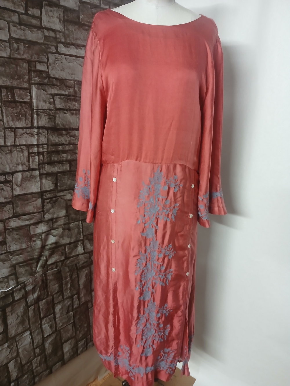 Roller Rabbit Coral Maxi Dress with Blue-Gray Embroidery